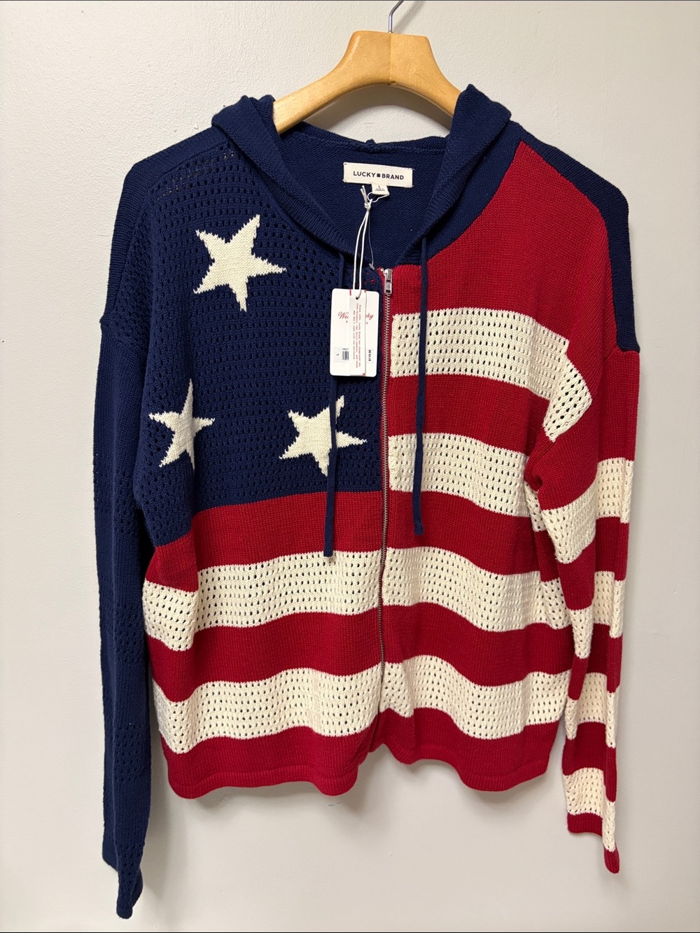 Lucky Brand American Flag Full Zip Knit Hoodie Sweater NWT Size L